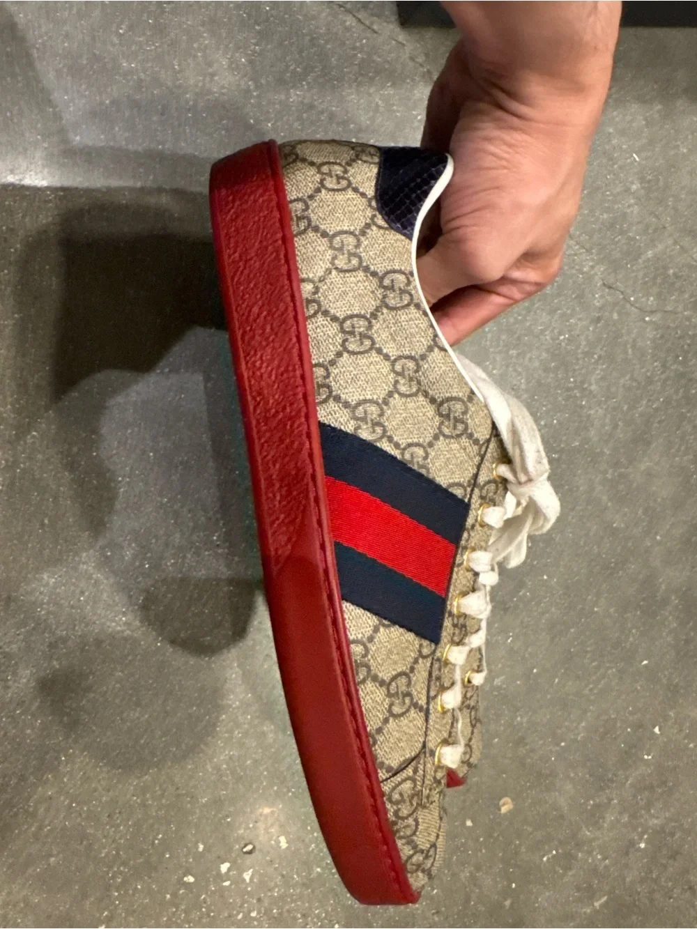 Gucci GG Supreme Canvas Sneakers with Red Trim and Navy Stripes